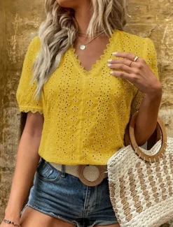 Women's White Elegant Lace Tops Eyelet Blouse Casual Solid Color Regular Tops Short Sleeve V Neck Lace Eyelet Regular Fit Daily White Yellow Romantic Petite Tops Summer Holiday Wear
