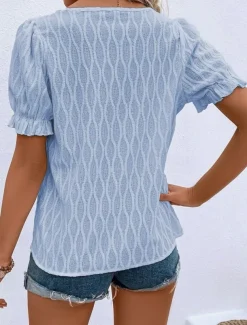 Women's White Elegant Lace Tops Eyelet Blouse Fashion Modern Casual Plain Regular Tops Short Sleeve V Neck Regular Fit Daily Weekend Romantic Petite Tops Summer Holiday Wear White Pink Blue Summer