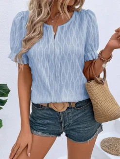 Women's White Elegant Lace Tops Eyelet Blouse Fashion Modern Casual Plain Regular Tops Short Sleeve V Neck Regular Fit Daily Weekend Romantic Petite Tops Summer Holiday Wear White Pink Blue Summer