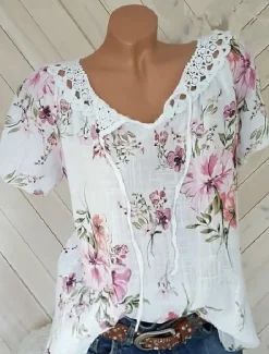 Women's White Elegant Lace Tops Eyelet Blouse Basic Floral Lace up Print Short Sleeve Regular Tops V Neck Casual Romantic Petite Tops Summer Holiday Wear White Pink Blue Orange Green