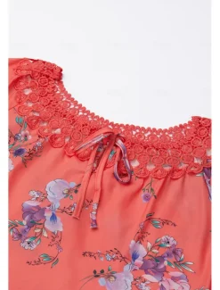 Women's White Elegant Lace Tops Eyelet Blouse Basic Floral Lace up Print Short Sleeve Regular Tops V Neck Casual Romantic Petite Tops Summer Holiday Wear White Pink Blue Orange Green