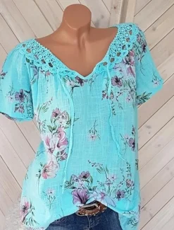 Women's White Elegant Lace Tops Eyelet Blouse Basic Floral Lace up Print Short Sleeve Regular Tops V Neck Casual Romantic Petite Tops Summer Holiday Wear White Pink Blue Orange Green