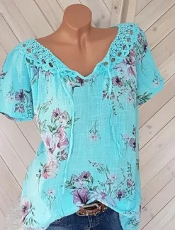 Women's White Elegant Lace Tops Eyelet Blouse Basic Floral Lace up Print Short Sleeve Regular Tops V Neck Casual Romantic Petite Tops Summer Holiday Wear White Pink Blue Orange Green