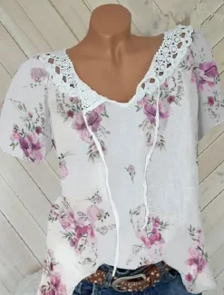 Women's White Elegant Lace Tops Eyelet Blouse Basic Floral Lace up Print Short Sleeve Regular Tops V Neck Casual Romantic Petite Tops Summer Holiday Wear White Pink Blue Orange Green
