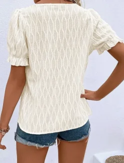 Women's White Elegant Lace Tops Eyelet Blouse Fashion Modern Casual Plain Regular Tops Long Sleeve Notched Neck Regular Fit Daily Weekend Romantic Petite Tops Summer Holiday Wear Pink Summer Spring