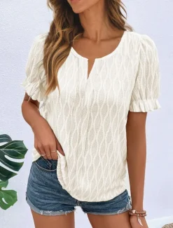 Women's White Elegant Lace Tops Eyelet Blouse Fashion Modern Casual Plain Regular Tops Long Sleeve Notched Neck Regular Fit Daily Weekend Romantic Petite Tops Summer Holiday Wear Pink Summer Spring