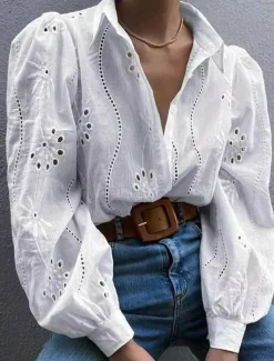 Women's White Elegant Lace Tops Eyelet Blouse Casual Solid Color Lace Lantern Sleeve Long Sleeve Regular Tops Shirt Collar Daily Romantic Petite Tops Summer Holiday Wear White Pink Green Spring Fall