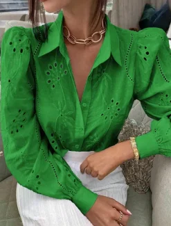 Women's White Elegant Lace Tops Eyelet Blouse Casual Solid Color Lace Lantern Sleeve Long Sleeve Regular Tops Shirt Collar Daily Romantic Petite Tops Summer Holiday Wear White Pink Green Spring Fall