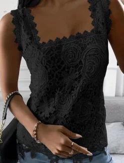 Women's White Elegant Lace Tops Eyelet Blouse Sexy Sleeveless Floral Semi-Sheer Square Neckline Scalloped Trim Fashion Slim Fit Date Casual Party Romantic Petite Tops Summer Holiday Wear