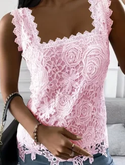 Women's White Elegant Lace Tops Eyelet Blouse Sexy Sleeveless Floral Semi-Sheer Square Neckline Scalloped Trim Fashion Slim Fit Date Casual Party Romantic Petite Tops Summer Holiday Wear