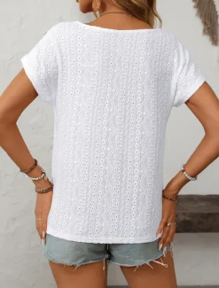 Women's White Elegant Lace Tops Eyelet Blouse Fashion Modern Plain Regular Tops Short Sleeve Crew Neck Buttons Regular Fit Daily Weekend Romantic Petite Tops Summer Holiday Wear Orange Summer Spring