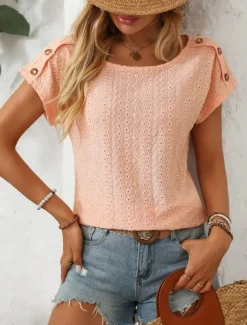 Women's White Elegant Lace Tops Eyelet Blouse Fashion Modern Plain Regular Tops Short Sleeve Crew Neck Buttons Regular Fit Daily Weekend Romantic Petite Tops Summer Holiday Wear Orange Summer Spring