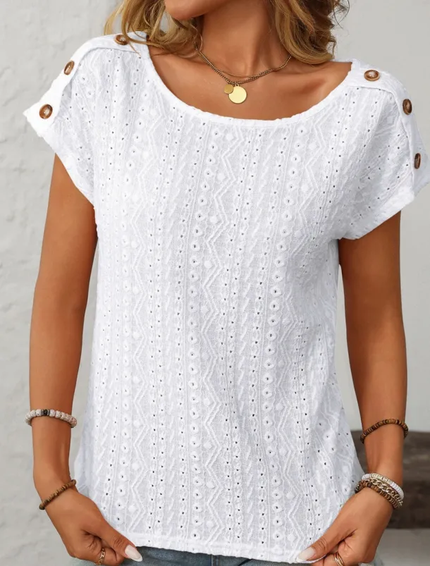 Women's White Elegant Lace Tops Eyelet Blouse Fashion Modern Plain Regular Tops Short Sleeve Crew Neck Buttons Regular Fit Daily Weekend Romantic Petite Tops Summer Holiday Wear Orange Summer Spring
