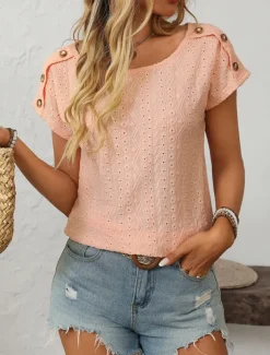 Women's White Elegant Lace Tops Eyelet Blouse Fashion Modern Plain Regular Tops Short Sleeve Crew Neck Buttons Regular Fit Daily Weekend Romantic Petite Tops Summer Holiday Wear Orange Summer Spring