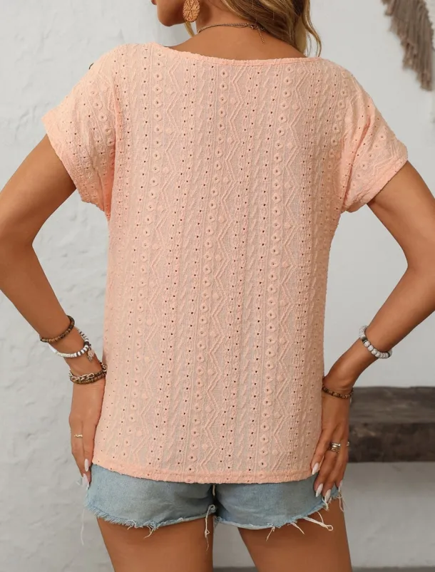 Women's White Elegant Lace Tops Eyelet Blouse Fashion Modern Plain Regular Tops Short Sleeve Crew Neck Buttons Regular Fit Daily Weekend Romantic Petite Tops Summer Holiday Wear Orange Summer Spring