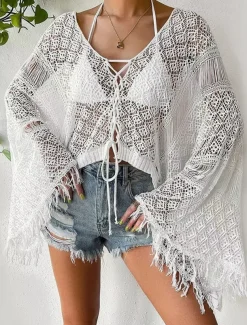 Women's White Elegant Lace Tops Blouse Eyelet top Sexy Plain Drawstring Crochet Street Daily Vacation Beach V Neck Regular Fit One-Size Black White Khaki