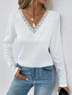 Women's White Elegant Lace Tops Eyelet Blouse Casual Lace Long Sleeve Regular Tops V Neck Daily Romantic Petite Tops Summer Holiday Wear White Spring Fall Semi Formal Blouses