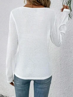 Women's White Elegant Lace Tops Eyelet Blouse Casual Lace Long Sleeve Regular Tops V Neck Daily Romantic Petite Tops Summer Holiday Wear White Spring Fall Semi Formal Blouses
