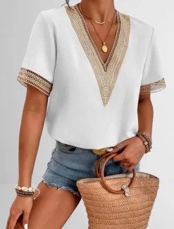 Women's White Elegant Lace Tops Eyelet Blouse T Shirt Burgundy Tee Plain Regular Tops Short Sleeve V Neck Regular Fit Daily Weekend Romantic Petite Tops Summer Holiday Wear Black White Wine