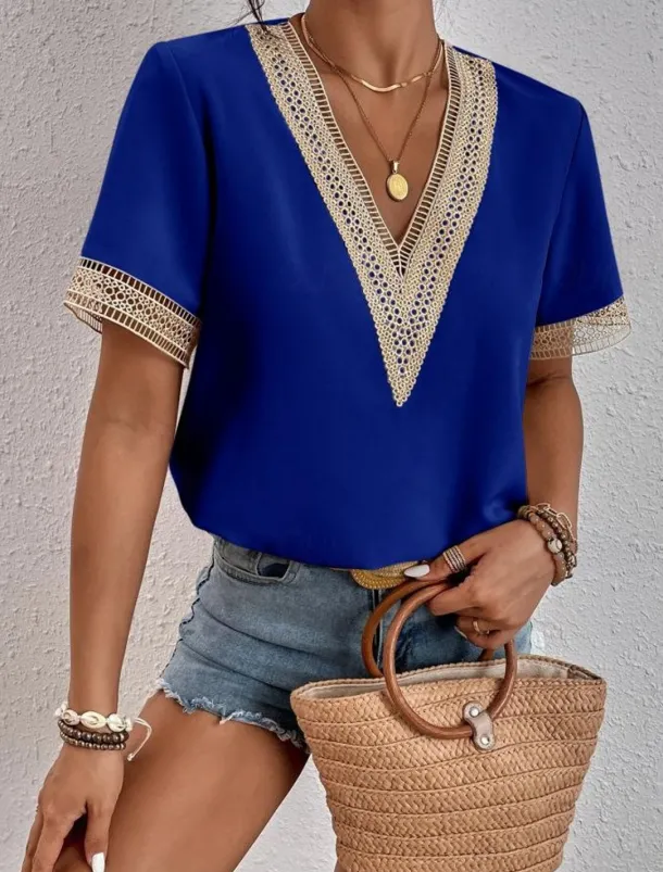 Women's White Elegant Lace Tops Eyelet Blouse T Shirt Burgundy Tee Plain Regular Tops Short Sleeve V Neck Regular Fit Daily Weekend Romantic Petite Tops Summer Holiday Wear Black White Wine