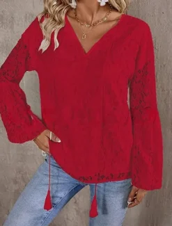 Women's White Elegant Lace Tops Eyelet Blouse Casual Solid Color Regular Tops Long Sleeve V Neck Lace Patchwork Regular Fit Daily Romantic Petite Tops Summer Holiday Wear White Red