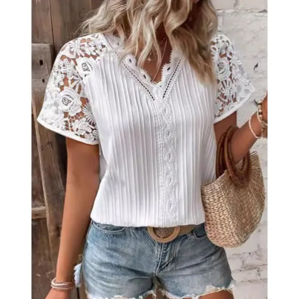 Women's White Elegant Lace Tops Eyelet Blouse Daily Stylish Plain Regular Tops Short Sleeve V Neck Lace Regular Fit Vacation Daily Romantic Petite Tops Summer Holiday Wear White Summer Spring Fall