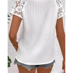 Women's White Elegant Lace Tops Eyelet Blouse Daily Stylish Plain Regular Tops Short Sleeve V Neck Lace Regular Fit Vacation Daily Romantic Petite Tops Summer Holiday Wear White Summer Spring Fall