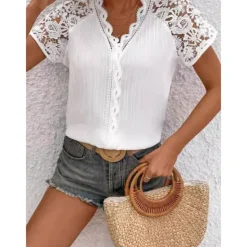 Women's White Elegant Lace Tops Eyelet Blouse Daily Stylish Plain Regular Tops Short Sleeve V Neck Lace Regular Fit Vacation Daily Romantic Petite Tops Summer Holiday Wear White Summer Spring Fall