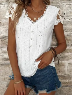 Women's White Elegant Lace Tops Eyelet Blouse Casual Solid Color Regular Tops Short Sleeve V Neck Lace Patchwork Buttons Regular Fit Daily Romantic Petite Tops Summer Holiday Wear White