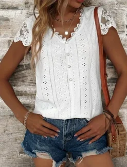 Women's White Elegant Lace Tops Eyelet Blouse Casual Solid Color Regular Tops Short Sleeve V Neck Lace Patchwork Buttons Regular Fit Daily Romantic Petite Tops Summer Holiday Wear White
