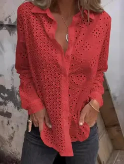 Women's White Elegant Lace Tops Eyelet Blouse Plain Button Cut Out Street Daily Fashion Shirt Collar Regular Fit Romantic Petite Tops Summer Holiday Wear Black White Red