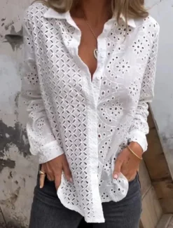Women's White Elegant Lace Tops Eyelet Blouse Plain Button Cut Out Street Daily Fashion Shirt Collar Regular Fit Romantic Petite Tops Summer Holiday Wear Black White Red