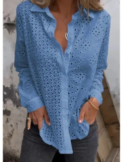 Women's White Elegant Lace Tops Eyelet Blouse Plain Button Cut Out Street Daily Fashion Shirt Collar Regular Fit Romantic Petite Tops Summer Holiday Wear Black White Red