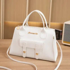 Women's White Faux Leather Handbag with Top Handle and Front Buckle Detail – Elegant Structured Satchel for Office, Travel, and Daily Use