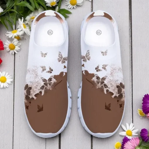 Women's White Fly Knit Walking Shoes with Colorful Dragonfly Print – Lightweight Breathable Casual Slip-Ons for Outdoor Walks, Summer Travel and Everyday Wear