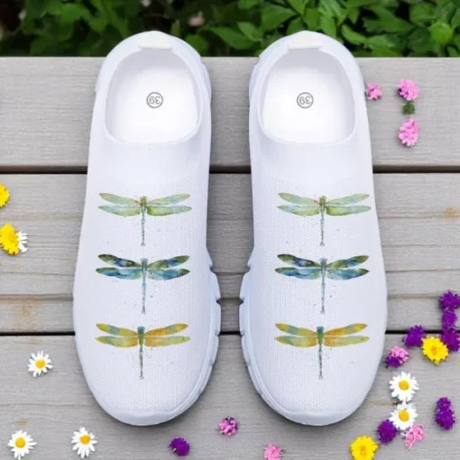 Women's White Fly Knit Walking Shoes with Colorful Dragonfly Print – Lightweight Breathable Casual Slip-Ons for Outdoor Walks, Summer Travel and Everyday Wear
