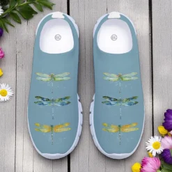 Women's White Fly Knit Walking Shoes with Colorful Dragonfly Print – Lightweight Breathable Casual Slip-Ons for Outdoor Walks, Summer Travel and Everyday Wear