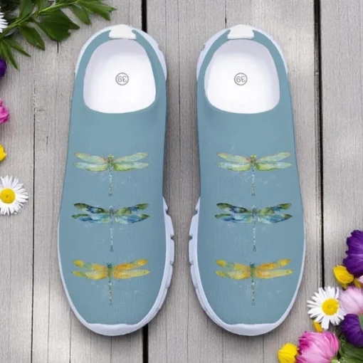 Women's White Fly Knit Walking Shoes with Colorful Dragonfly Print – Lightweight Breathable Casual Slip-Ons for Outdoor Walks, Summer Travel and Everyday Wear