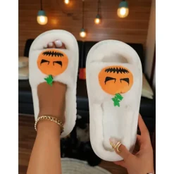 Women's White Fuzzy Halloween Pumpkin Slippers – Soft Indoor House Shoes with Funny Cartoon Design for Autumn and Holiday Lounge Wear