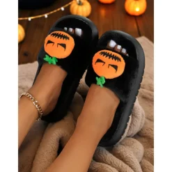 Women's White Fuzzy Halloween Pumpkin Slippers – Soft Indoor House Shoes with Funny Cartoon Design for Autumn and Holiday Lounge Wear