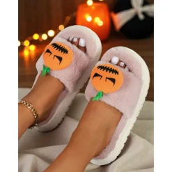 Women's White Fuzzy Halloween Pumpkin Slippers – Soft Indoor House Shoes with Funny Cartoon Design for Autumn and Holiday Lounge Wear