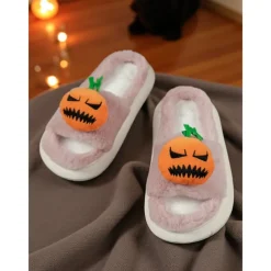 Women's White Fuzzy Halloween Pumpkin Slippers – Soft Indoor House Shoes with Funny Cartoon Design for Autumn and Holiday Lounge Wear