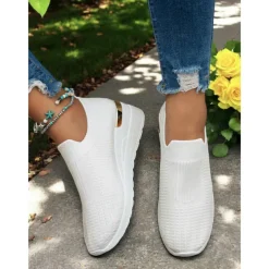 Women's White Knit Slip-On Sneakers – Modern & Comfortable Style for Active Women in Outdoor Walks, Gym Sessions & Casual City Explorations