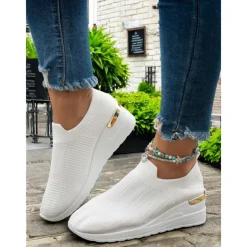 Women's White Knit Slip-On Sneakers – Modern & Comfortable Style for Active Women in Outdoor Walks, Gym Sessions & Casual City Explorations