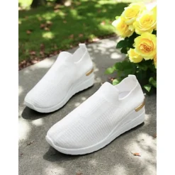 Women's White Knit Slip-On Sneakers – Modern & Comfortable Style for Active Women in Outdoor Walks, Gym Sessions & Casual City Explorations