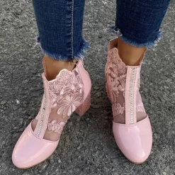 Women's White Lace Ankle Boots with Transparent Block Heel - Perfect for Weddings and Special Events