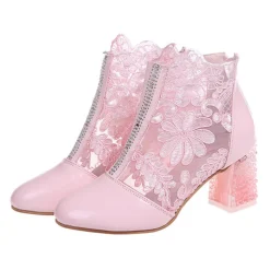 Women's White Lace Ankle Boots with Transparent Block Heel - Perfect for Weddings and Special Events