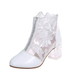 Women's White Lace Ankle Boots with Transparent Block Heel - Perfect for Weddings and Special Events