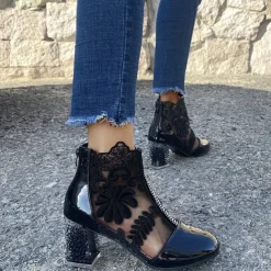 Women's White Lace Ankle Boots with Transparent Block Heel - Perfect for Weddings and Special Events