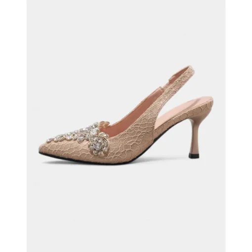 Women's White Lace Slingback Kitten Heels with Rhinestone Embellishments - Vintage-Inspired Cocktail Party Shoes for Bridesmaids, Garden Receptions and Outdoor Celebrations